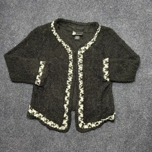 Y2K L.A. Kitty Cardigan Sweater Womens Medium Black Fringe Trim Open Chunky Knit